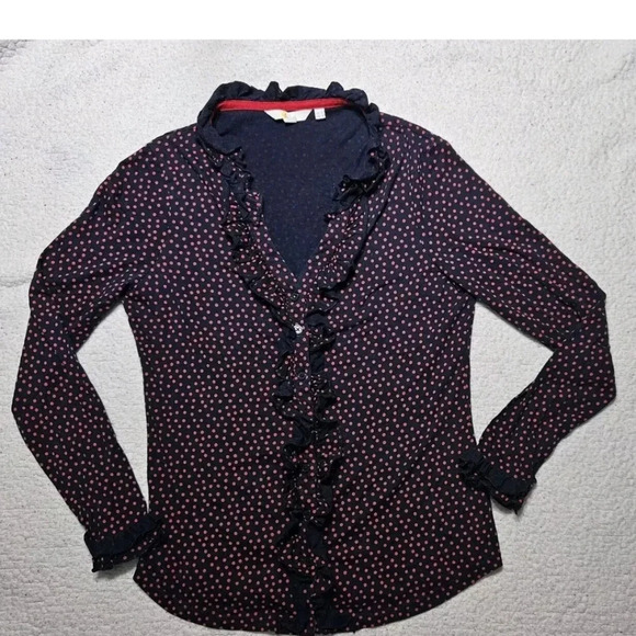 Boden Black Blouse with Pink Dots and Ruffles - Picture 1 of 9